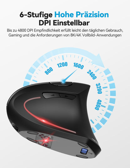 TECKNET Ergonomic Bluetooth Mouse, Rechargeable Wireless Vertical Mouse (BT 5.0/3.0 + 2.4G), 6 Adjustable Levels up to 4800 DPI, Optical Silent Wireless Mouse with USB-A Receiver, Wide Compatibility