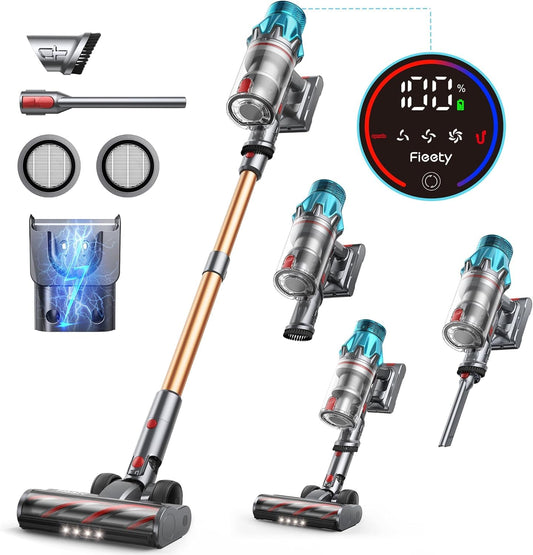 Fieety Cordless Vacuum Cleaner, 550W/45000Pa/60Mins Vacuum Cleaner with Smart Touchscreen, Vacuum Cleaner with Built-in Charging Station, Anti-Tangle Floor Brush for Hard Floors Carpets Pet Hair
