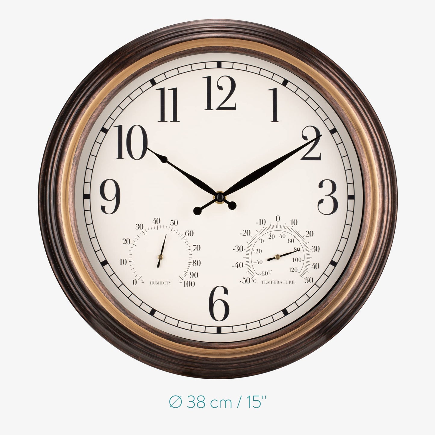 Navaris outdoor clock analog - with thermometer and hygrometer display - 38.1 x 5cm - round clock for hanging without ticking - decor garden wall clock