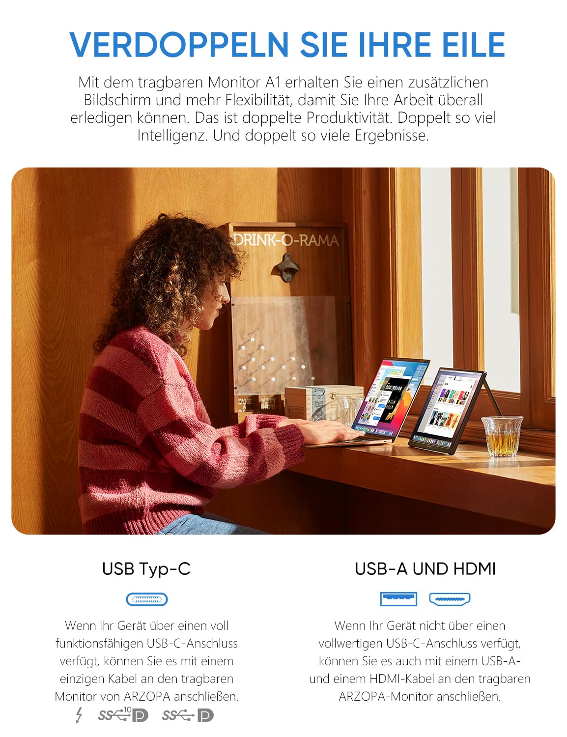 ARZOPA Portable Monitor, 15.6" 1920×1080 FHD IPS Second Screen for Laptop with Stand, Ultra-Thin Dual Monitor for Laptop/PC/Mac/PS3/4/5/Xbox - USB C & HDMI Connection - A1