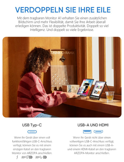 ARZOPA Portable Monitor, 15.6" 1920×1080 FHD IPS Second Screen for Laptop with Stand, Ultra-Thin Dual Monitor for Laptop/PC/Mac/PS3/4/5/Xbox - USB C & HDMI Connection - A1