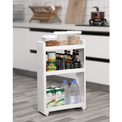 SONGMICS narrow gap storage cart with 3 shelves, niche cabinet on wheels for kitchen, bathroom, basement, KFR09WT, white, 45 x 17 x 68.5 cm