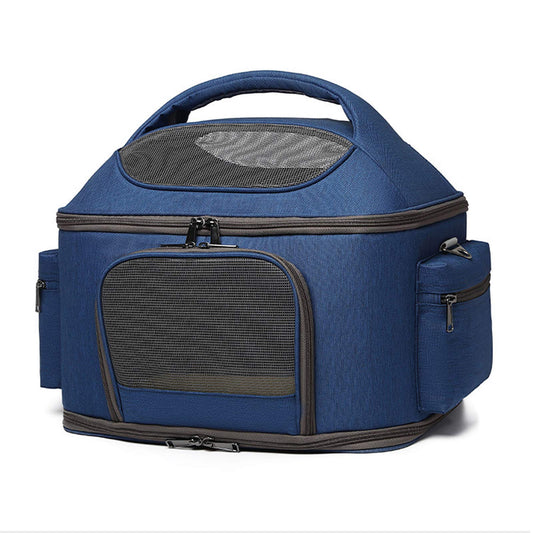 Pet carrier bag for cats and puppies, airline approved. Portable travel pet bag in blue color.