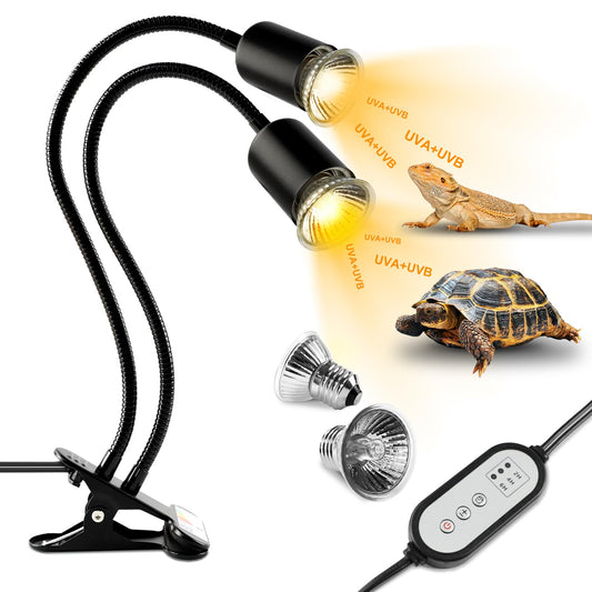 Testyu double ended turtle heat lamp, 25W+50W reptile heat lamp E27, UVA+UVB terrarium heat spot lamp with 2 basking spot bulbs for lizard, turtle, snake, chameleon, etc (black)