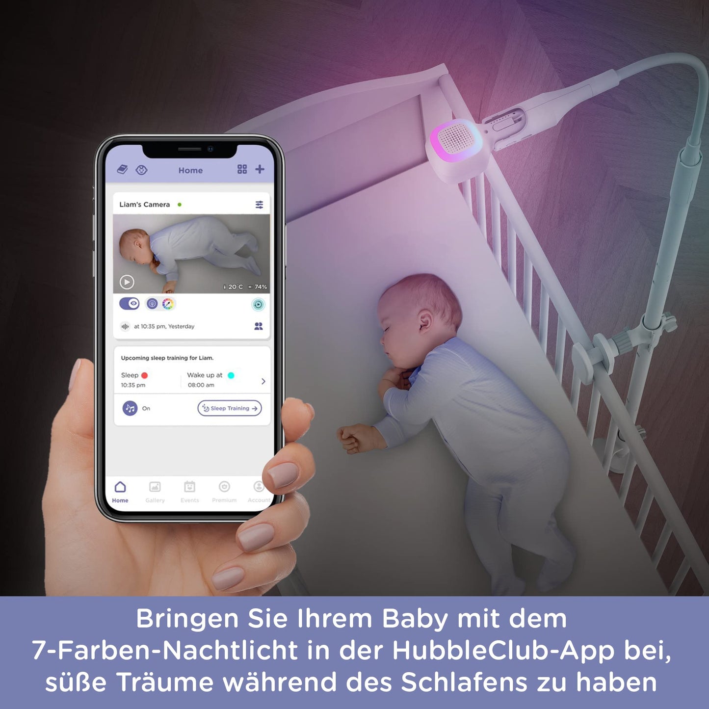 Hubble Connected Nursery Pal SkyView Baby Monitor comes with Camera, 5" Screen, Cot Mount, 7 Colour Night Light, Infrared Night Vision, Two-Way Call, Room Temperature Sensor, and smartphone app.