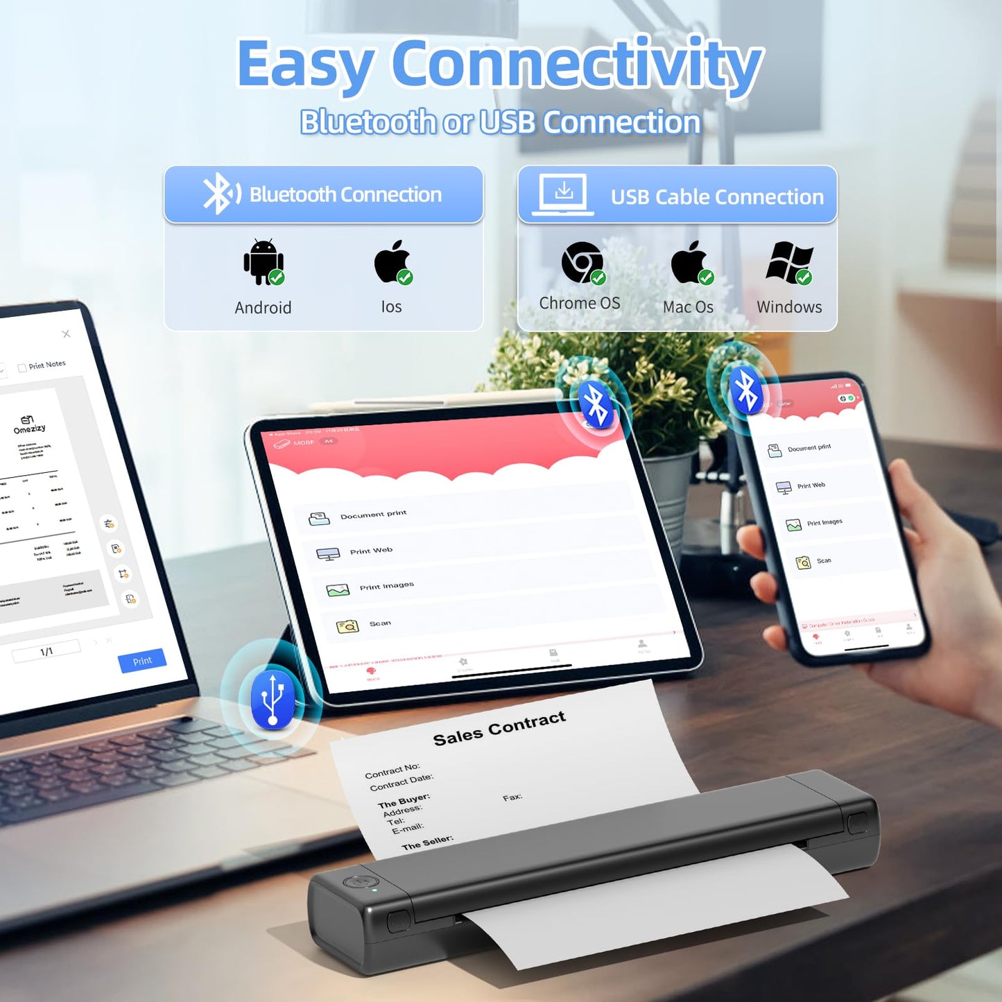 ASprink A4 Mobile Printer, M08f Bluetooth Multifunction Printer Supports A4 Thermopaper with a size of 8.27"X11.69", Thermal Printer, Compatible with Android and iOS for Phone and Laptop, M08F-BK