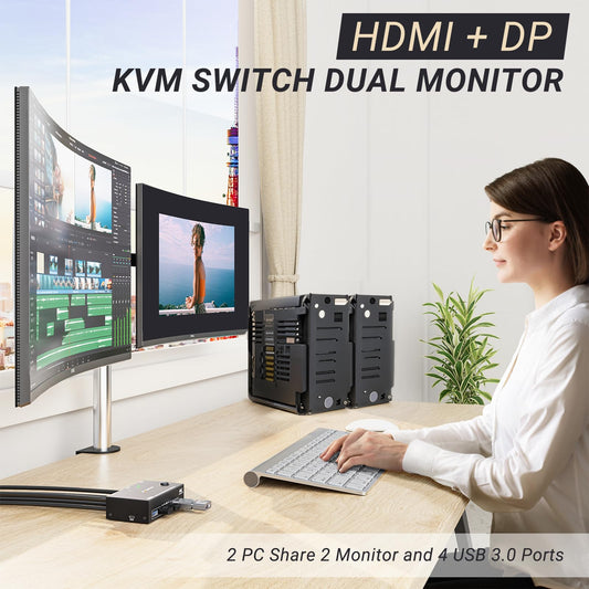 YOUTINGHDAV USB 3.0 Dual Monitor 2x2 KVM Switch HDMI DP, KVM Switch 2 PC 2 Monitors, KVM Switches Displayport 4K@144Hz + HDMI 4K@60Hz with 4 USB 3.0 Ports for sharing mouse, keyboard, and 2 monitors between 2 PCs.