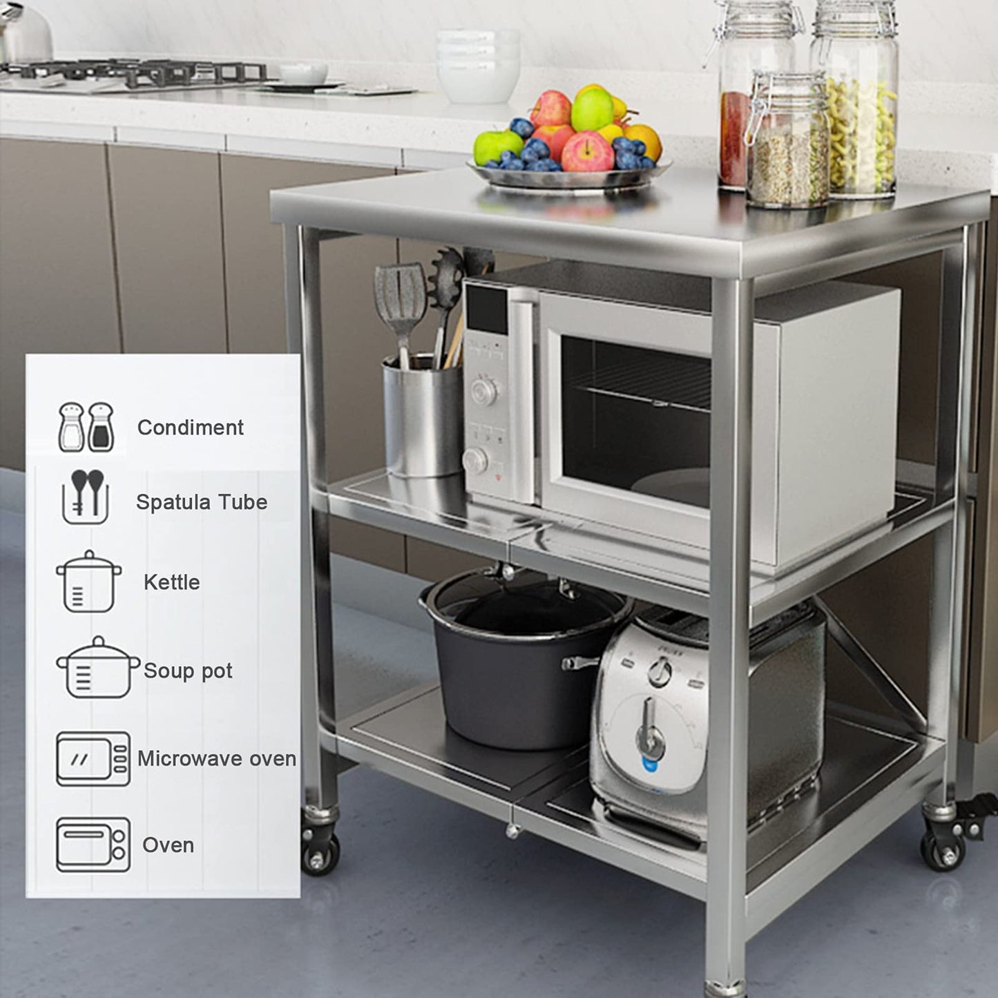 AMSXNOO Stainless Steel Serving Cart, 3 Tier Foldable Serving Cart Stainless Steel Trolley Kitchen Table with 4 Wheels Stainless Steel Food Preparation Table Microwave Holder Space-saving for Kitchen.