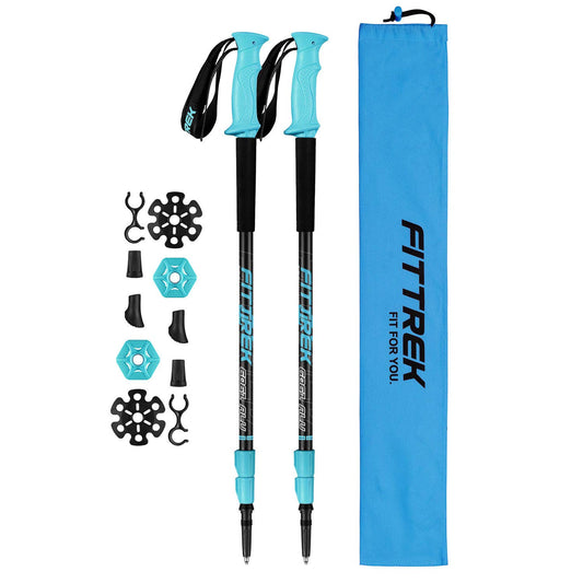 FitTrek hiking poles - Telescopic walking sticks - Adjustable lightweight Nordic walking stick for women, men, and children with rubber buffer, pads, and bag.