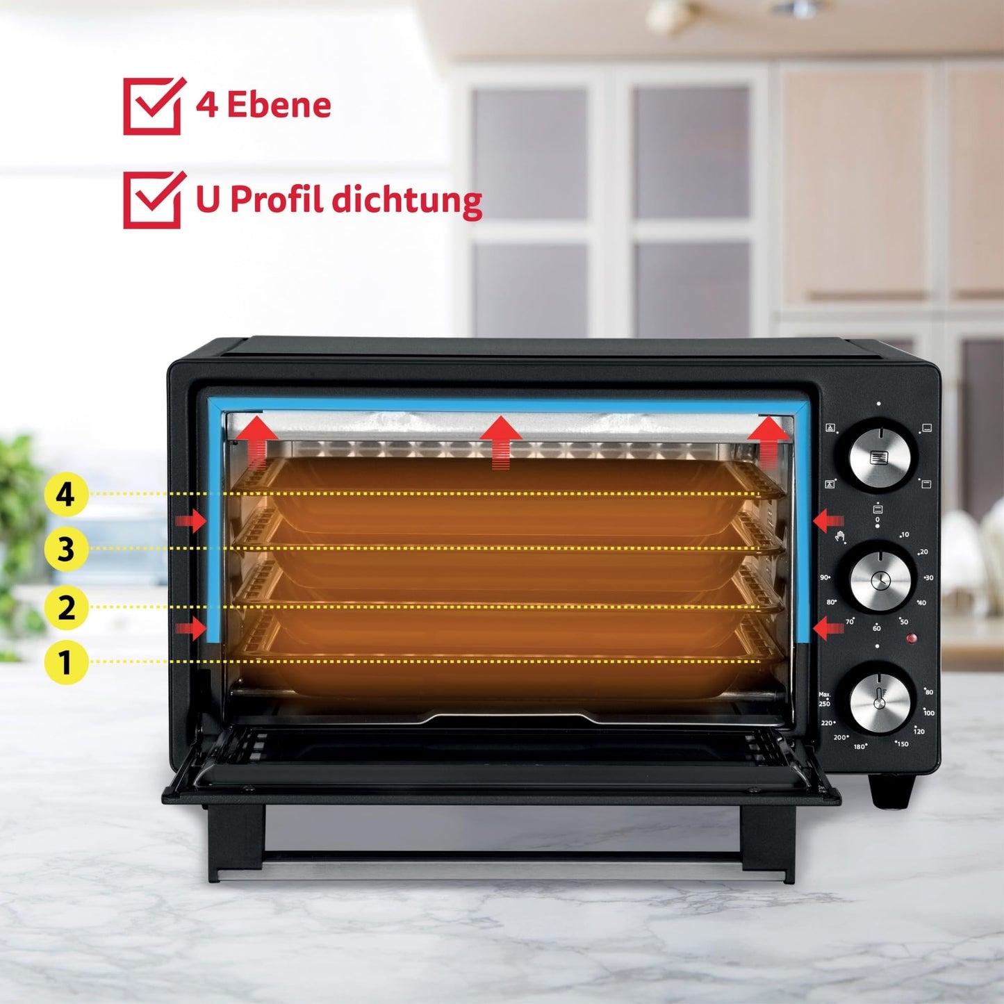ICQN Mini Oven 20L, Pizza Oven, top/bottom heat with convection function, 5 grill functions, 90 Min. Timer, 1500 W, 80°-240°C, baking tray/grill/drip tray and tray holder, Black