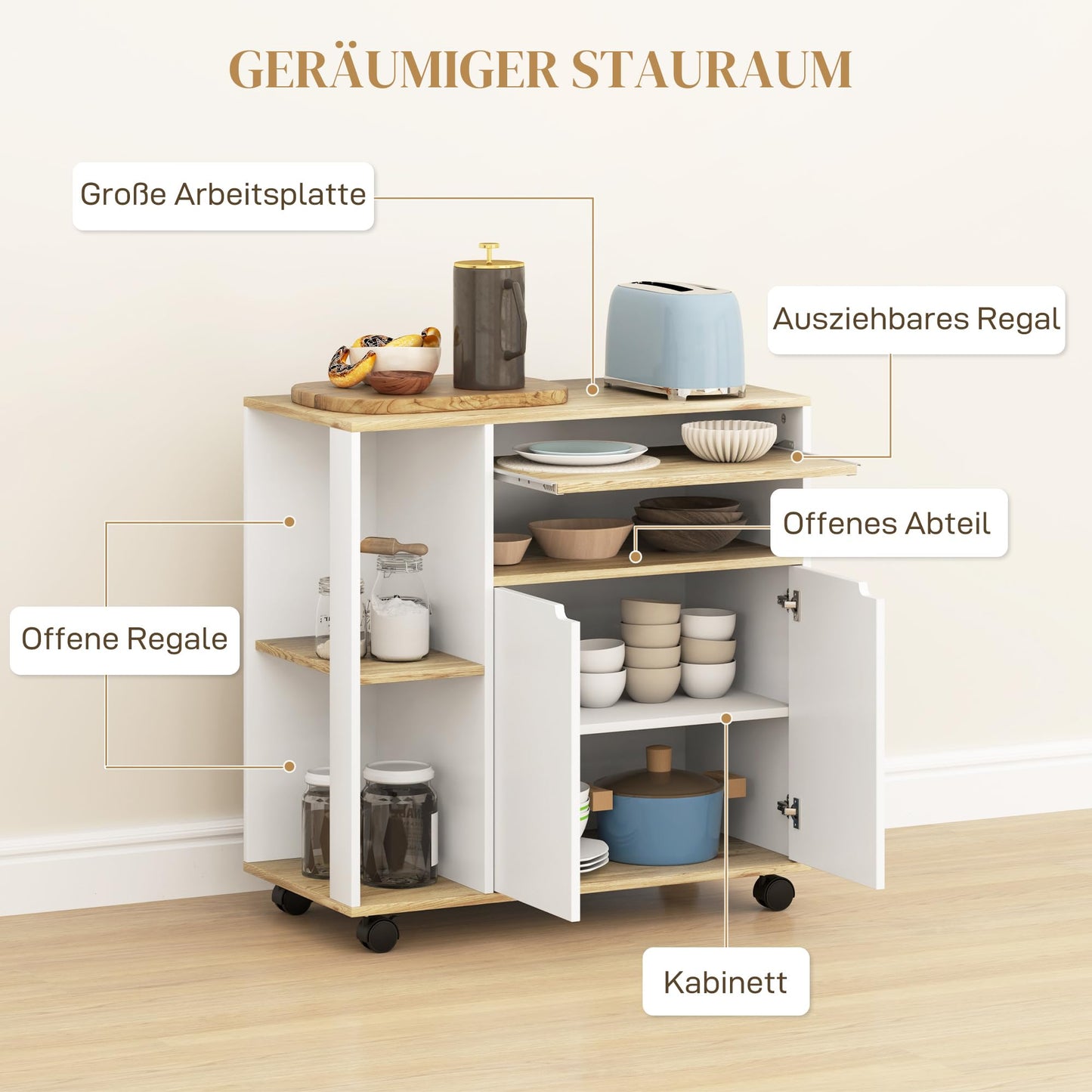 HOMCOM kitchen cart trolley serving cart with handle, adjustable shelves, cabinet, countertop, kitchen shelf on wheels, storage cart for kitchen bathroom office living room White