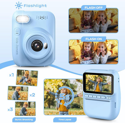 GREENKINDER Instant Camera for Kids,14MP 3.0 Inch Screen Kids Camera Instant Camera with 32G Card,Printing Paper & Colored Pens,1080P Kids Camera Instant Print, 3-12 Years