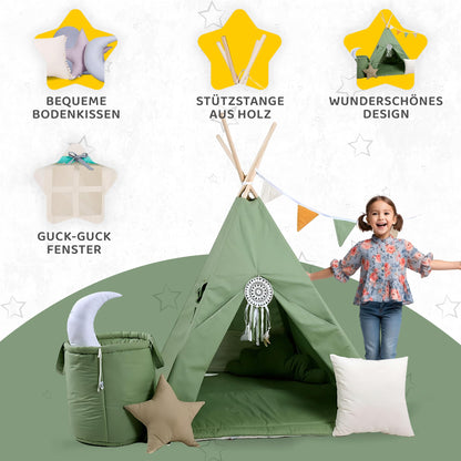 Children's Teepee Tipi Set for kids, indoor/outdoor play tent, 8 elements including teepee, Indian tipi with window, etc. (with accessories forest spirit)