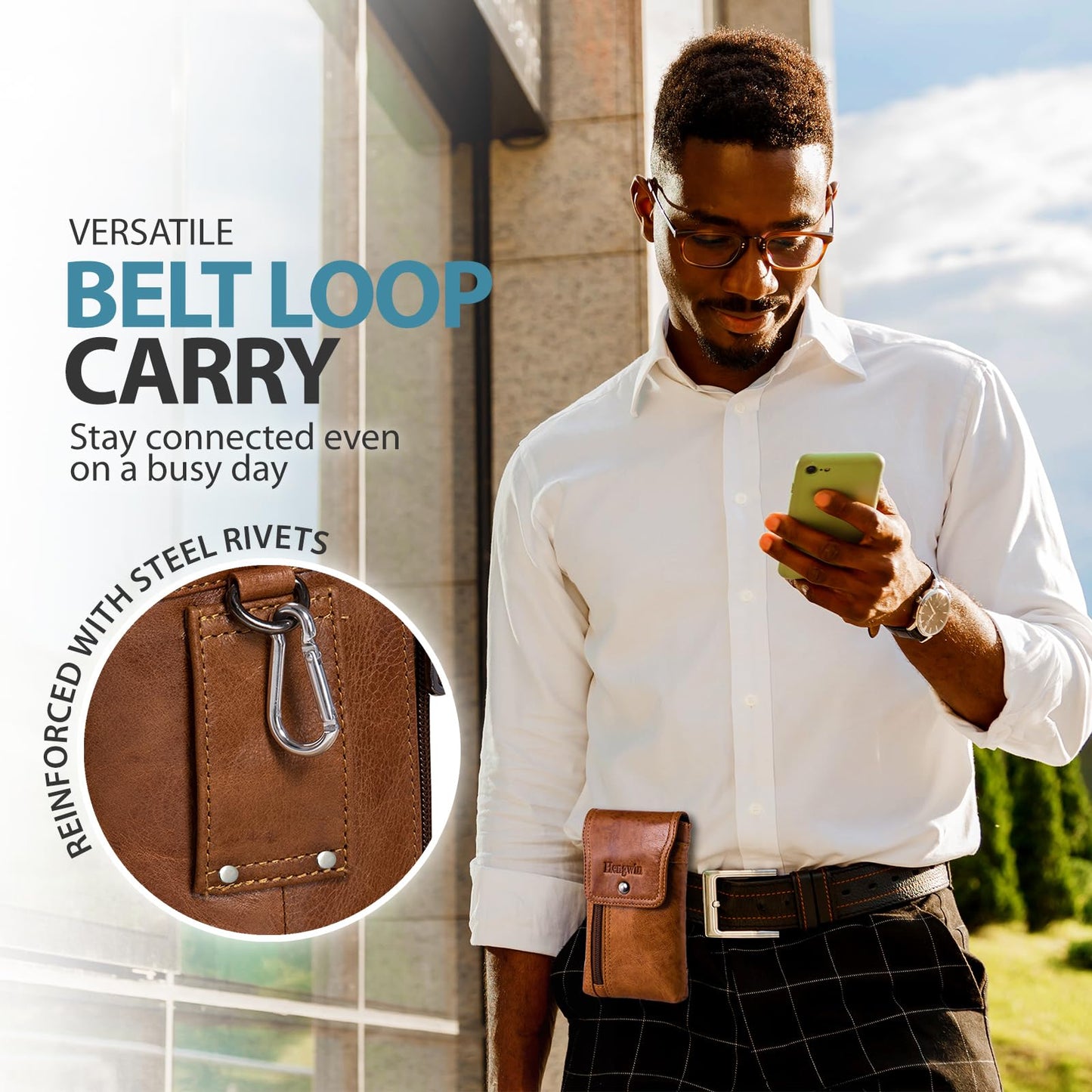 Hengwin Men's Cowhide Dual Phone Belt Pouch with Zipper Pocket, Leather Phone Holster Case for iPhone 16 15 14 Pro Max, Samsung S25 S24 Ultra Smartphone Smaller than 17.78 cm, XL (Brown)