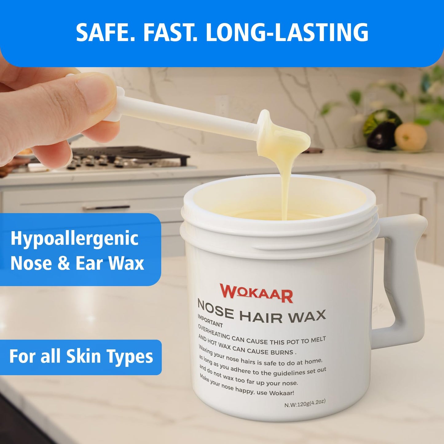 Wokaar Nose Hair Waxing Kit for Men and Women, 120g of hypoallergenic wax, 30 applicators, nose and ear hair removal wax, easy nostril waxing kit, 15 balm cloths.