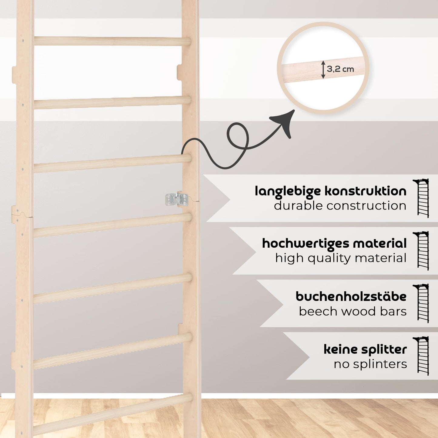 Adult (230 cm) wall bars with pull-up bar, wooden climbing wall, multifunctional fitness equipment, climbing ladder for adults & children, 100% ECO, Made in EU.
