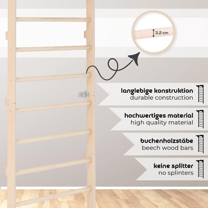 Adult (230 cm) wall bars with pull-up bar, wooden climbing wall, multifunctional fitness equipment, climbing ladder for adults & children, 100% ECO, Made in EU.