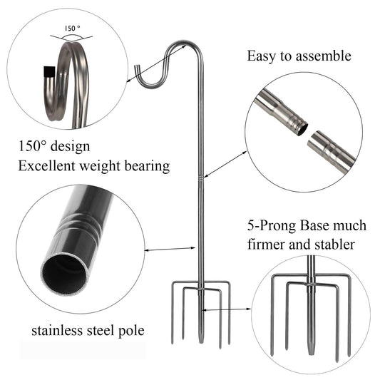 COCONUT Shepherd's Hook for birdhouses, 200 cm, 1.6 cm width, durable, adjustable, for outdoor use, with 5-prong base, for lanterns, plants, hangers, wedding decor, silver.