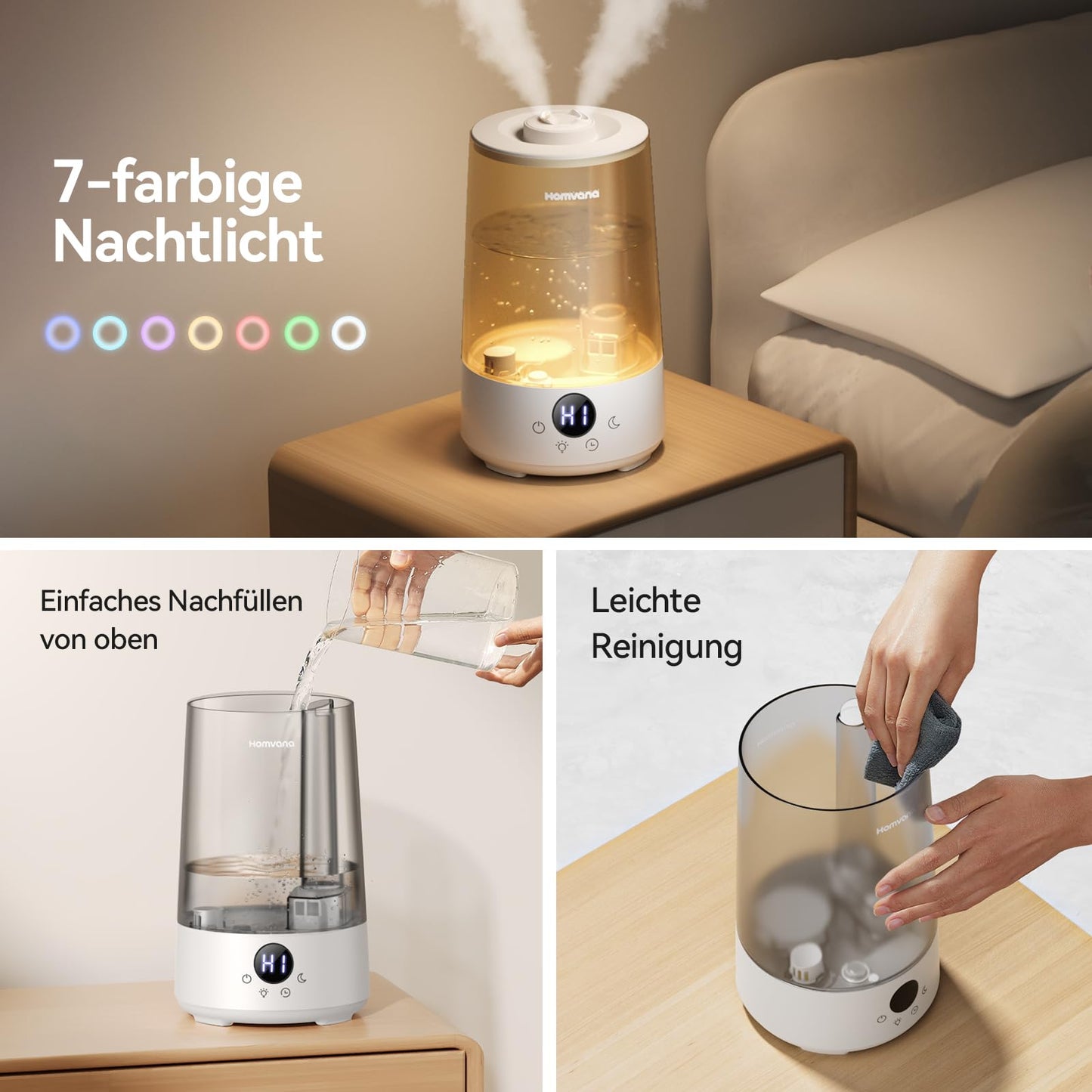 Homvana Humidifier Bedroom Top-Fill, 3.6L 360° Cool Mist 34H Long-lasting, Quiet 16dB (SilentSpray Tech) Small, Nursery Baby, BPA Free, Plant Aromatherapy Diffuser 7-Color Night Light