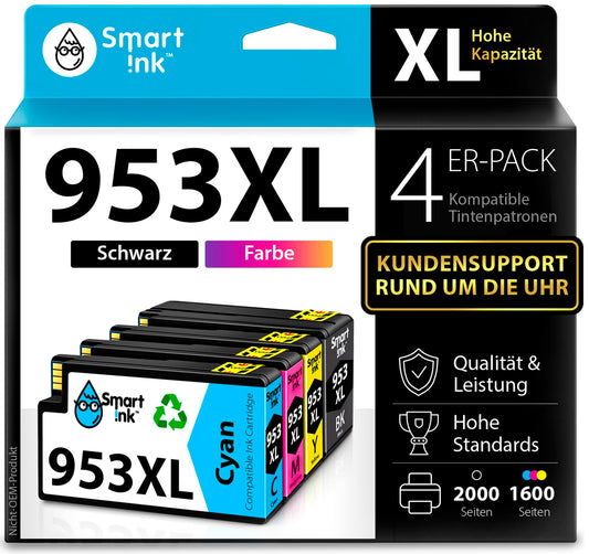 Smart Ink compatible printer cartridges as a replacement for HP 953XL Multipack 953 XL (Black XL & Blue Red Yellow) with Advanced Chip Technology for Officejet Pro 7720 7730 7740 8210 8218 8710 8715 8718 8720.
