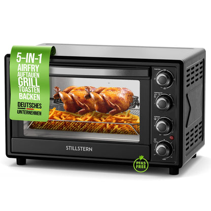 Stillstern Mini Convection Oven 35L (DE version) Pizza Ø28, CYCLONE PRO+ non-stick coating, Thawing, 2h Timer, Camping Mini Convection Oven Pizza Oven Mini Oven small Rotisserie Chicken Grill with Spit