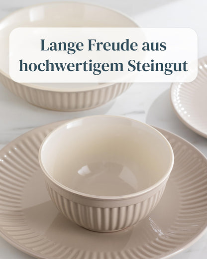 Stoneware dinnerware set for 6 people Hygge 24 pieces. WINNER, Gorgeous Scandinavian Stoneware Dinnerware Set, Bowl and Plate Set, Tableware for 6 people, Dinnerware Sets Pure Living in light brown.