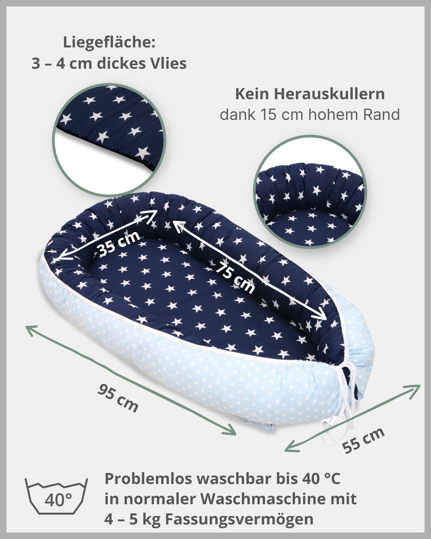 ULLENBOOM Baby nest - 100% OEKO-TEX materials & Made in EU, Blue Light blue - Baby nest for newborns made of cuddly cotton, Ideal as a travel bed & cuddle nest.