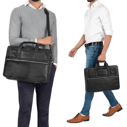 STILORD 'Yves' Briefcase Men Women Leather Business Bag Document Bag 15.6 Inch Laptop Bag Business Bag Teacher Bag Real Cowhide Leather, Color: Black