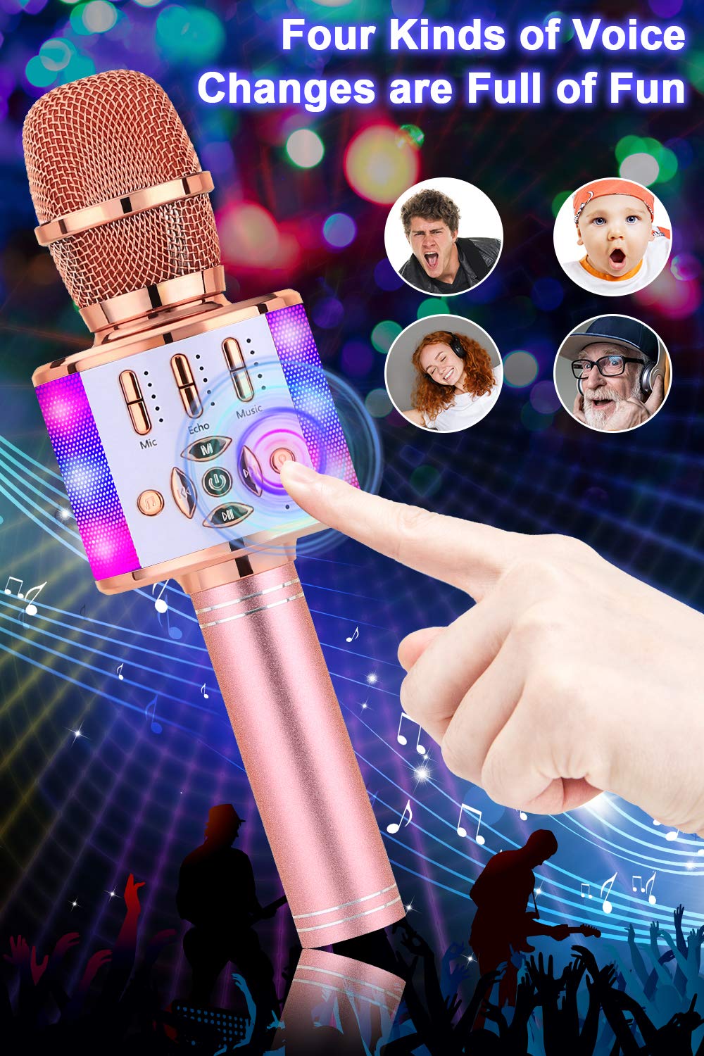 BONAOK 4 in 1 Wireless Portable Karaoke Microphone Speaker, LED, Kids, Home KTV Karaoke Device, compatible with iOS Android Bluetooth devices (Rose Gold)