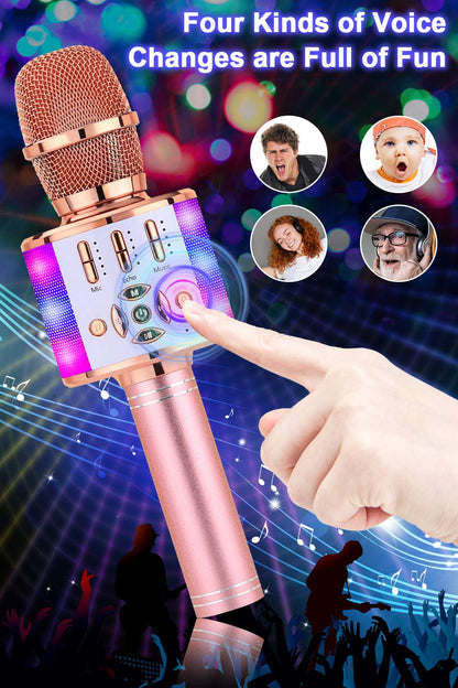 BONAOK 4 in 1 Wireless Portable Karaoke Microphone Speaker, LED, Kids, Home KTV Karaoke Device, compatible with iOS Android Bluetooth devices (Rose Gold)