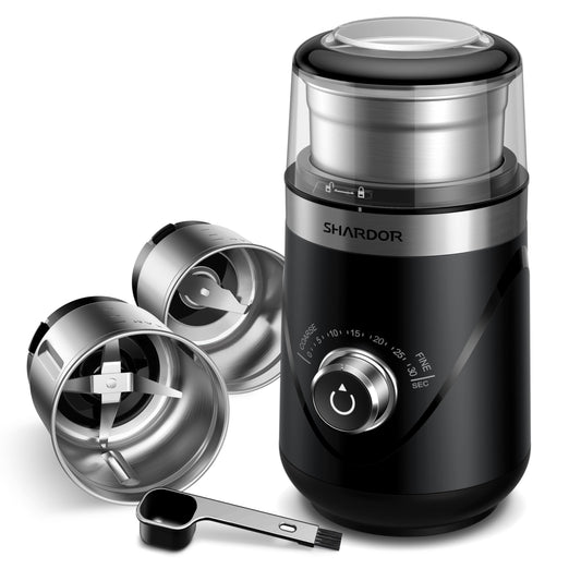 SHARDOR Coffee Grinder with 2 Stainless Steel Cups Spice Grinder, Automatic Timer, Quiet Grinding, Can Be Used to Grind Coffee Beans, Spices, Grains, Sugar, Nuts, 2 * 80 g.