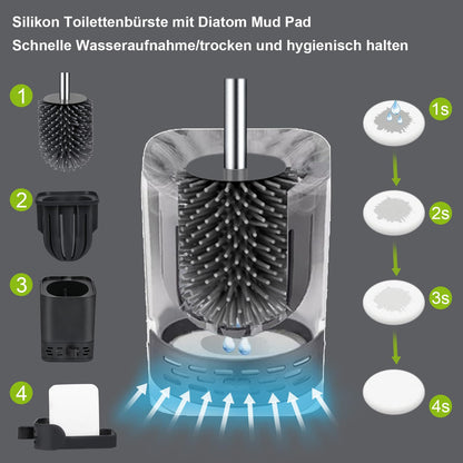 Glowbal Toilet Brush - Set of 2 silicone toilet brushes with holder for bathroom or guest bathroom, can be mounted on wall or stand, black