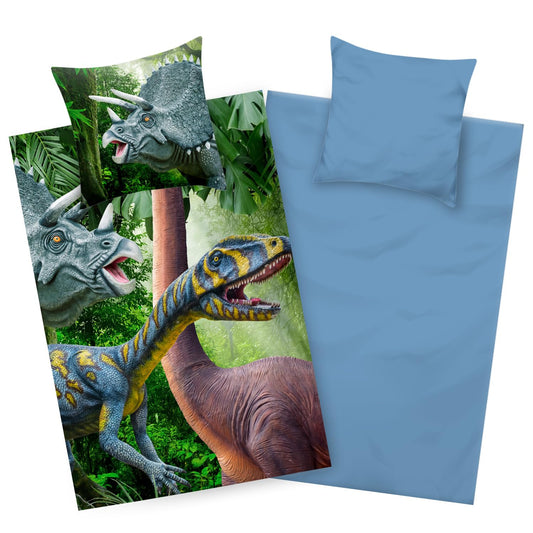 Aminata Kids Dino bed linen 135x200 children's bedding with dinosaur design cotton boys with zipper blue colorful soft