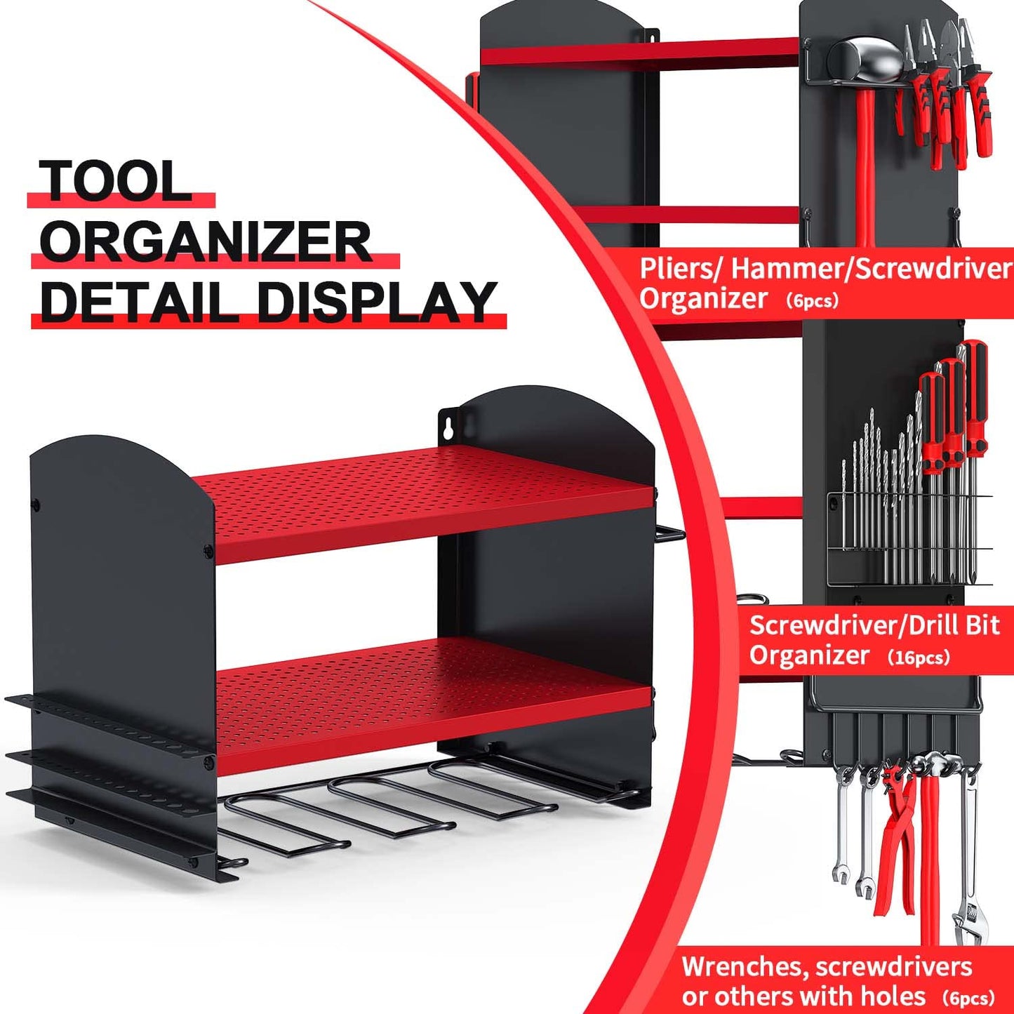 Tool storage drill holder Wall mounted cordless hammer drill 4 slots Heavy duty electric drill storage rack Screwdriver organization tool holder tool rack (Red)