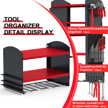 Tool storage drill holder Wall mounted cordless hammer drill 4 slots Heavy duty electric drill storage rack Screwdriver organization tool holder tool rack (Red)