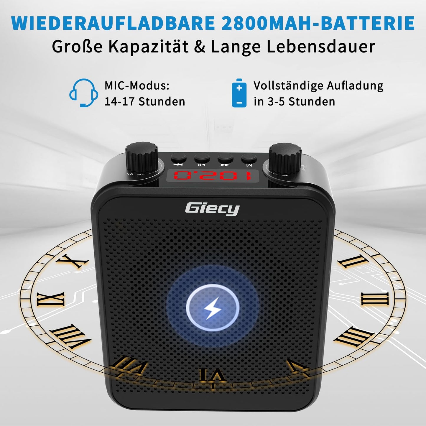 Giecy Portable Bluetooth Speaker (30W) with 7.4V/2800mAh Lithium Battery and microphone headset. Rechargeable mini voice amplifier for trainers, teachers, tour guides, and meetings.