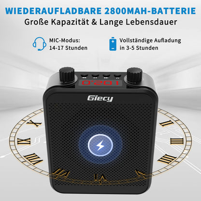 Giecy Portable Bluetooth Speaker (30W) with 7.4V/2800mAh Lithium Battery and microphone headset. Rechargeable mini voice amplifier for trainers, teachers, tour guides, and meetings.