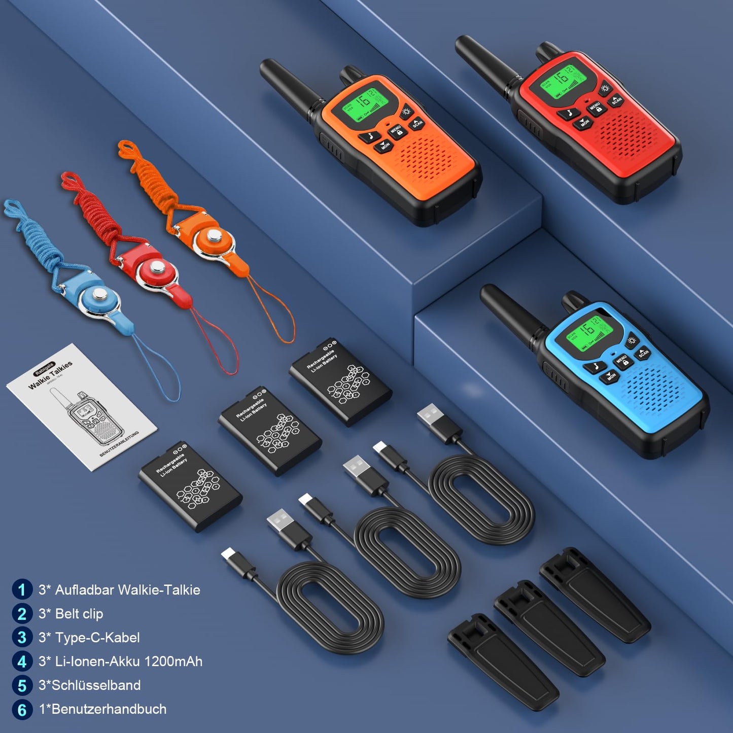 Walkie Talkie 3 piece set for kids, rechargeable, Rabigala walkie talkies with 5km long range for adults, Li-ion battery, VOX hands-free function, LED flashlight, LCD