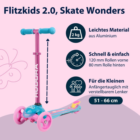 HUDORA Scooter Flitzkids 2.0 I Sturdy kids scooter with large footplate I Height-adjustable & portable mini three-wheel scooter for up to 50kg I Three-wheel scooter made of aluminum for children.