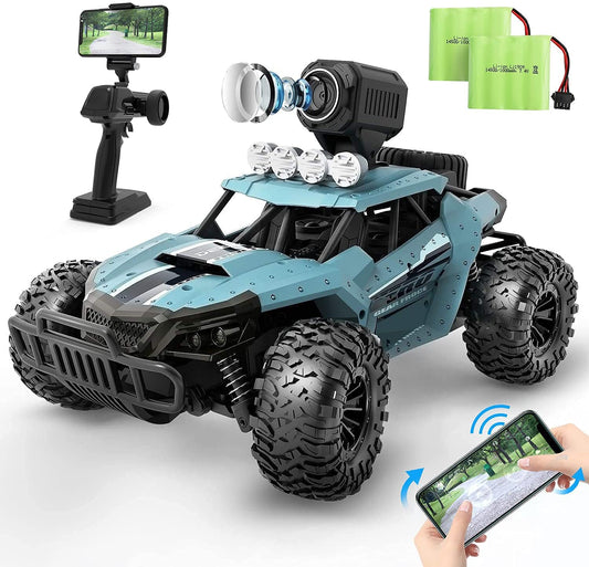 DEERC 1:16 RC Truck with 1080P Camera and WiFi Transmission, 2.4GHz remote control, 2 batteries for 60 minutes of playtime. Off-road Truggy for adults and kids.