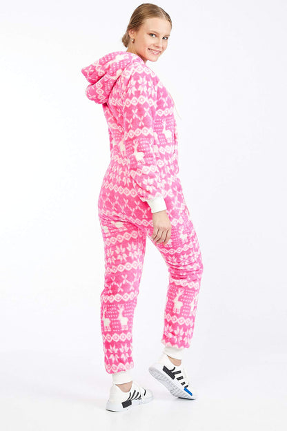 Teddy fleece teddy fur jumpsuit fluffy and cozy one piece overall warm (Pink(2910), S~36)