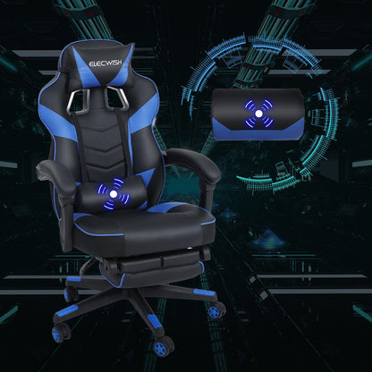 Puluomis Gaming Chair with Footrest, Racing Style, PC Chair, Swivel High-Back, Adjustable 90-150° Recline, Detachable Headrest, Lumbar Pillow, Ergonomic Design, Blue.