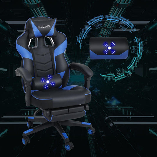 Puluomis Gaming Chair with Footrest, Racing Style, PC Chair, Swivel High-Back, Adjustable 90-150° Recline, Detachable Headrest, Lumbar Pillow, Ergonomic Design, Blue.