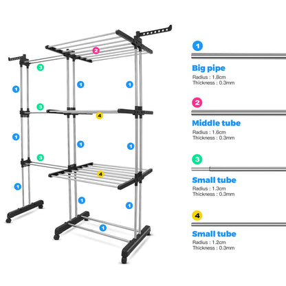 johgee 2 in 1 laundry rack tower, extendable length 66-130 cm, with 6 foldable wings on 3 levels, foldable drying rack for large families