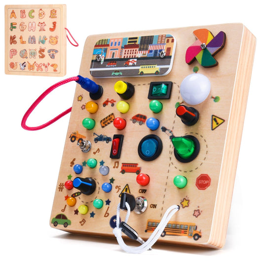 Nauotk Busy Board Montessori Toy for 2-year-old Babies, Motor Skills Toy with 19 LED lights, Wooden Sensory Toy, Educational Toy for Toddlers, Gift for Boys and Girls aged 2, 3, 4 years.