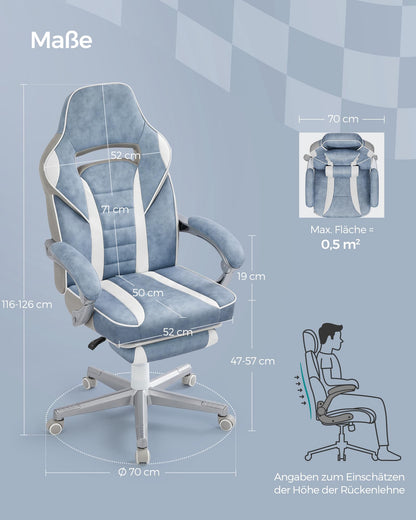 SONGMICS Office Chair with extendable footrest, headrest, lumbar support, adjustable height, ergonomic design, tiltable backrest, and weight capacity up to 330 lbs, sea blue-cream white OBG073Q01.
