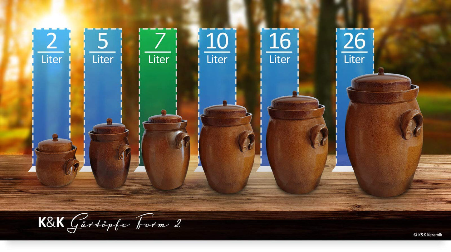 KERAZO Garden pot 7 liters made of stoneware ceramics including lid + stone + instructions [Form 2] BROWN - Cucumber pot Insert pot Rum pot Fermentation