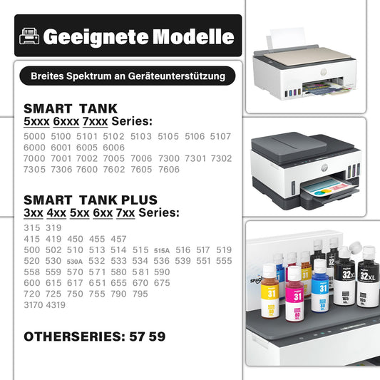 Printer ink 31 32XL Compatible for HP Smart Tank Plus 555 printer, Ink 31 32 XL for Smart Tank 5105 5106 5107 5108 7005 7006 7605 7305 7306 455 515 519 530 558 559 570 655 670 750 790 Printer