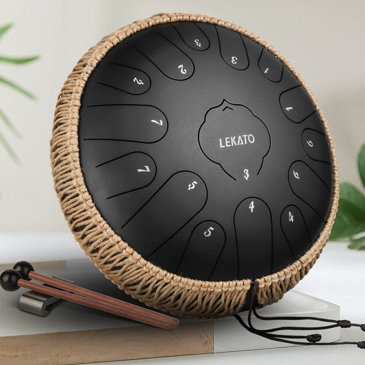 LEKATO Steel Tongue Drum, 13 inch, 15 Notes, Key of C, Handpan Drum with Carrying Bag, Percussion for Meditation, Yoga, Music Lessons, Black.
