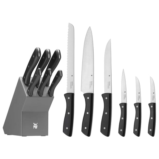 WMF knife block with 7-piece knife set, kitchen knife set with knife holder, 6 sharp knives, wood block varnished, special blade steel.